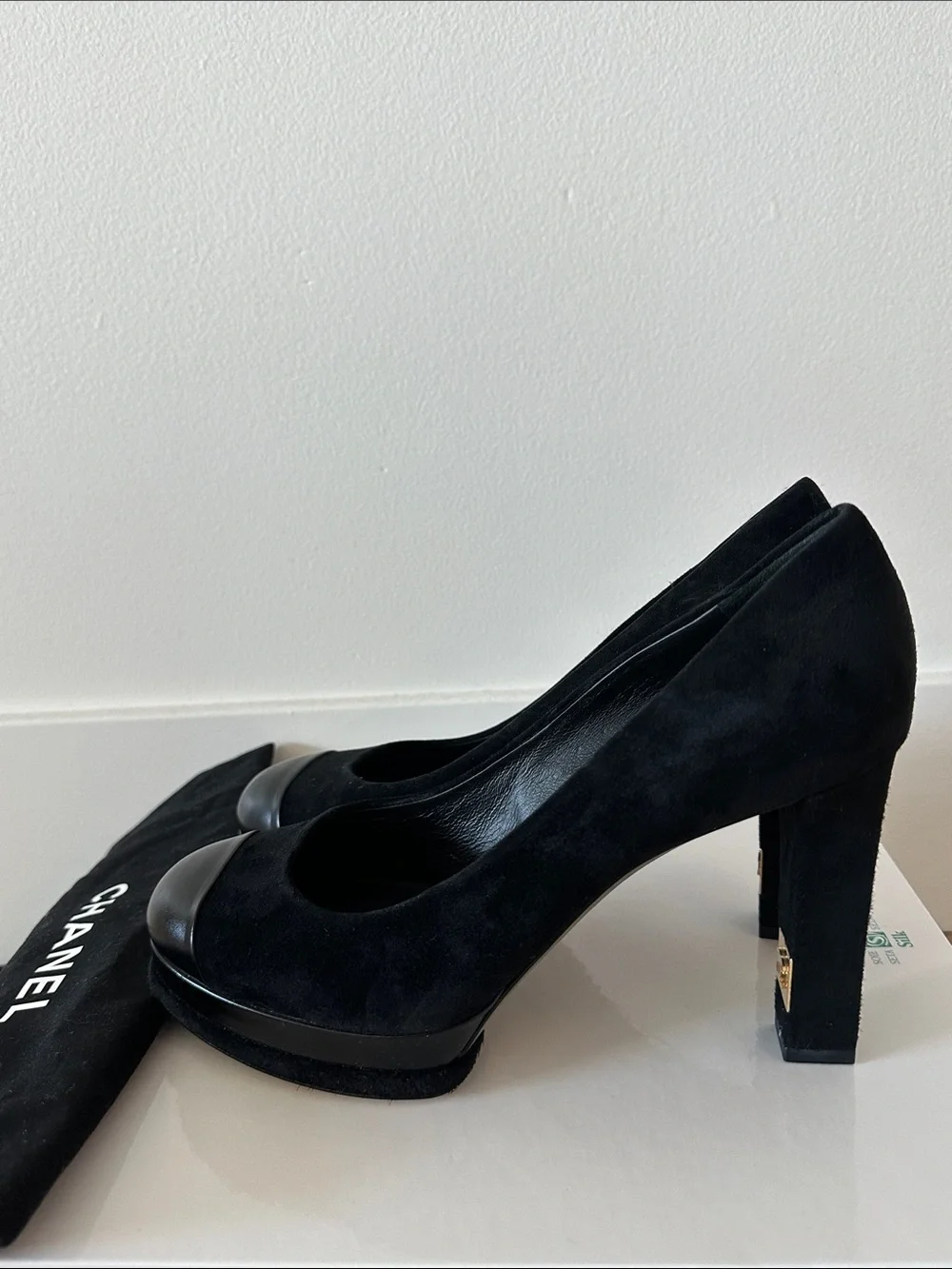 CHANEL Black Suede Cap-Toe Block Heel Pumps